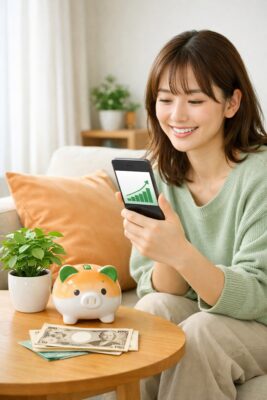 笑顔で資産運用をチェックする女性