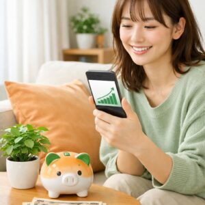 笑顔で資産運用をチェックする女性